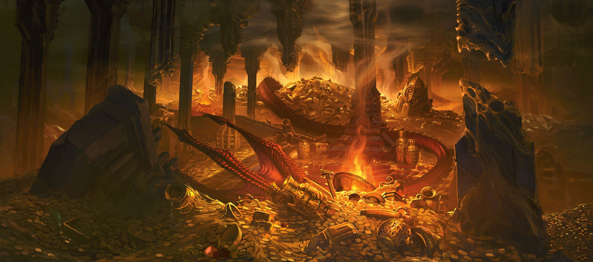 Smaug guarding a treasure hoard in official Magic: The Gathering The Hobbit artwork