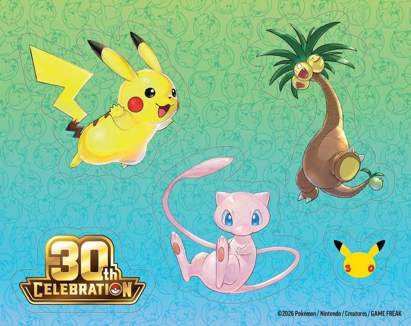Pokémon TCG 30th Celebration artwork featuring Pikachu, Mew, Alolan Exeggutor, and the 30th Celebration logo