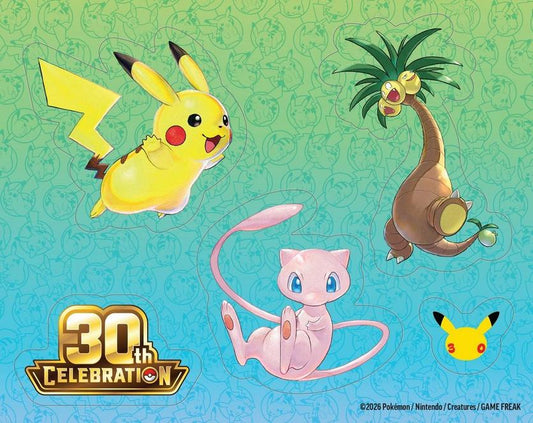Pokémon TCG 30th Celebration artwork featuring Pikachu, Mew, Alolan Exeggutor, and the 30th Celebration logo