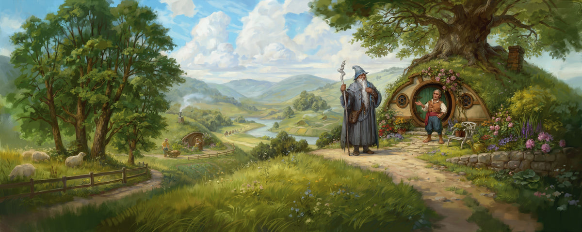Bilbo Baggins and Gandalf in the Shire in official Magic The Gathering The Hobbit artwork