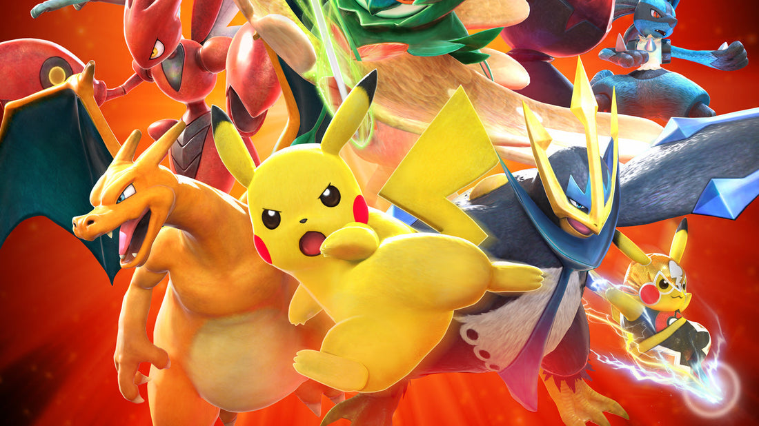 Pokémon group artwork featuring Pikachu, Charizard, Lucario, and other Pokémon characters