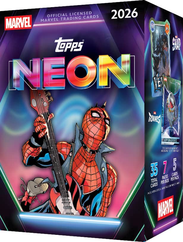 2026 Topps Neon Marvel Value Blaster Box featuring Spider-Punk, with 7 packs and 35 cards