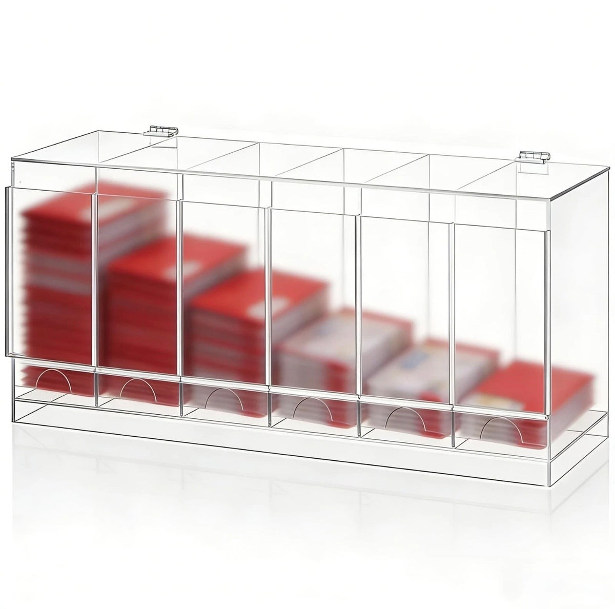 Clear 6-slot acrylic booster pack display dispenser with sealed trading card packs