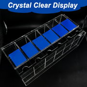 Angled view of crystal-clear 6-slot acrylic TCG booster pack dispenser