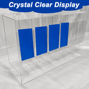 Clear acrylic booster pack dispenser holding six rows of trading card packs