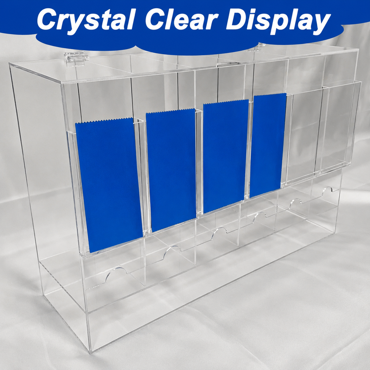 Clear acrylic booster pack dispenser holding six rows of trading card packs