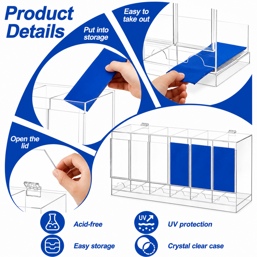 6-slot acrylic booster pack dispenser with hinged lid and removable base tray