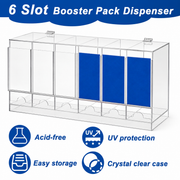 Front view of clear 6-slot booster pack display dispenser with UV protection
