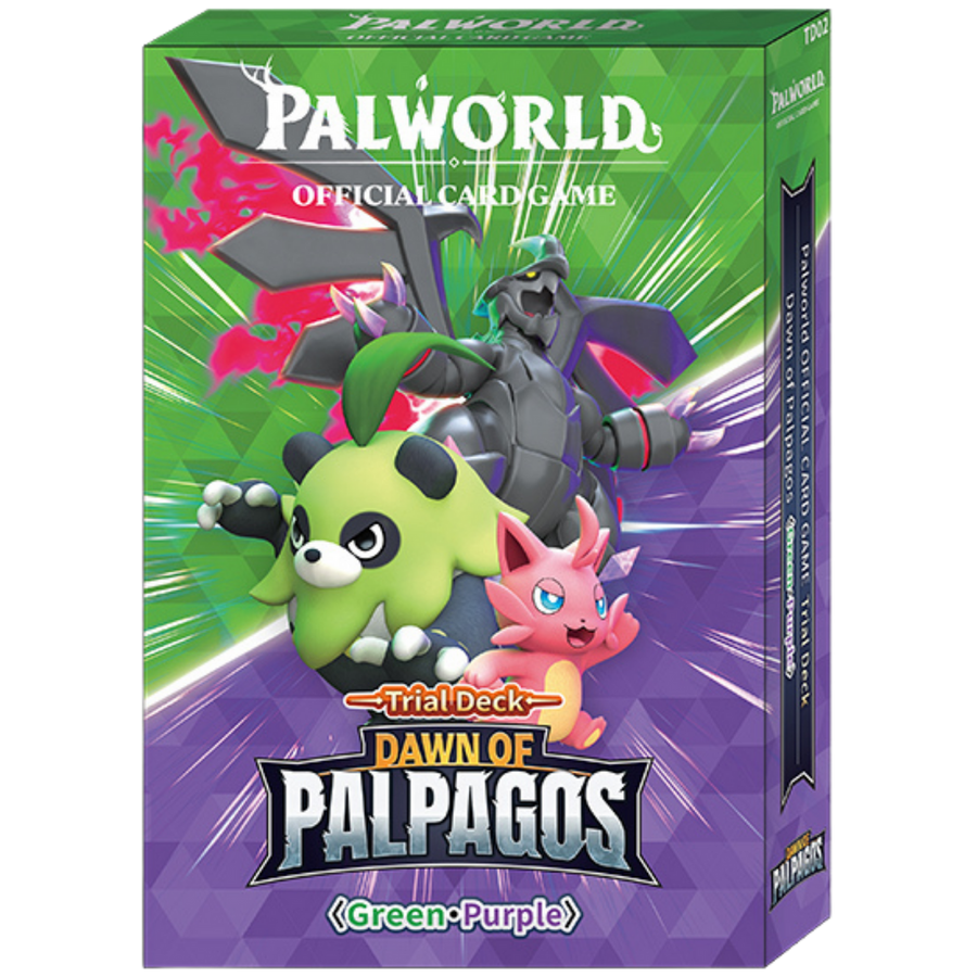 Palworld Official Card Game Dawn of Palpagos Green/Purple English Trial Deck packaging