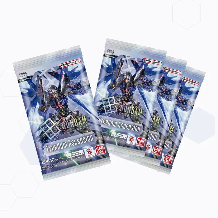 Four Gundam Card Game Freedom Ascension GD05 booster packs included with SC01