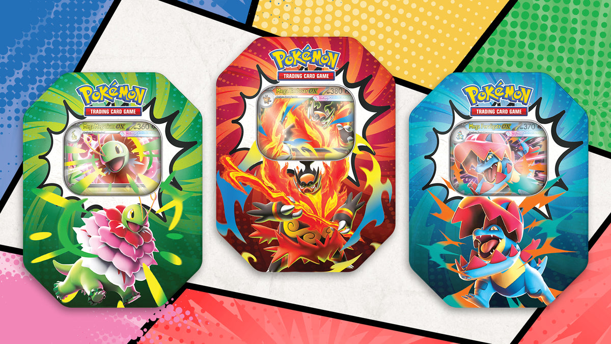 Pokémon TCG Mega Evolution Ascended Heroes Tin Set with Mega Meganium ex Mega Emboar ex and Mega Feraligatr ex