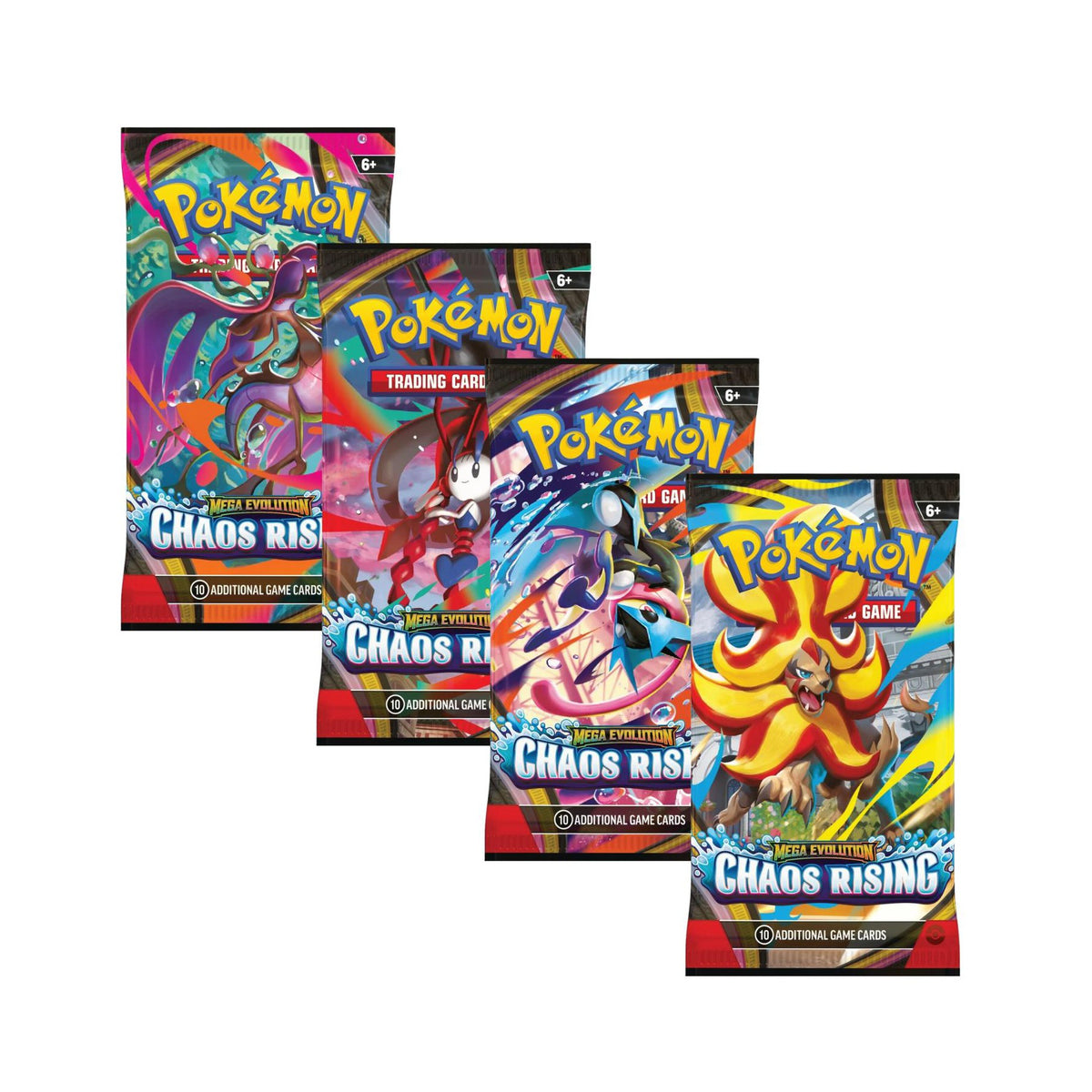 All four Pokémon Chaos Rising booster pack artwork examples; purchase includes one assorted pack, not four