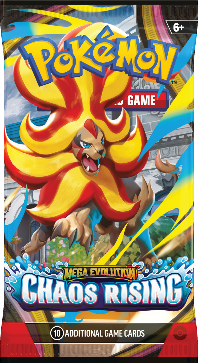 Pokémon Chaos Rising booster pack with Mega Pyroar artwork; one assorted pack per purchase