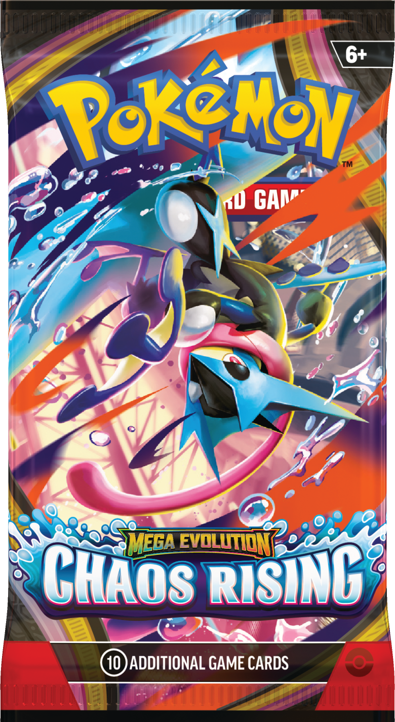Pokémon Mega Evolution Chaos Rising single booster pack; artwork is assorted