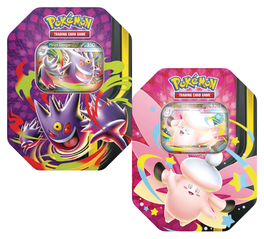 Pokémon TCG Mega Moonlit Tins featuring Mega Gengar ex and Mega Clefable ex