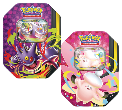 Pokémon TCG Mega Moonlit Tins featuring Mega Gengar ex and Mega Clefable ex